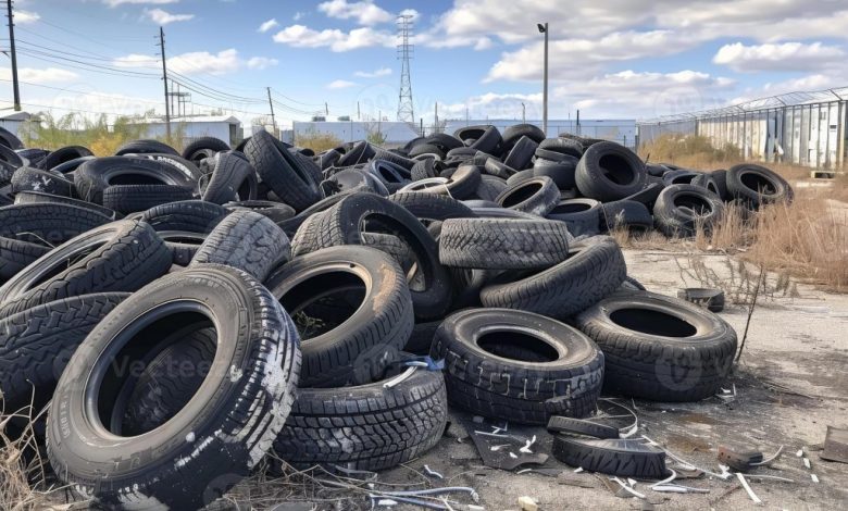 ai generated old tires dumped in landfill a pile of old tires at an industrial site photo x